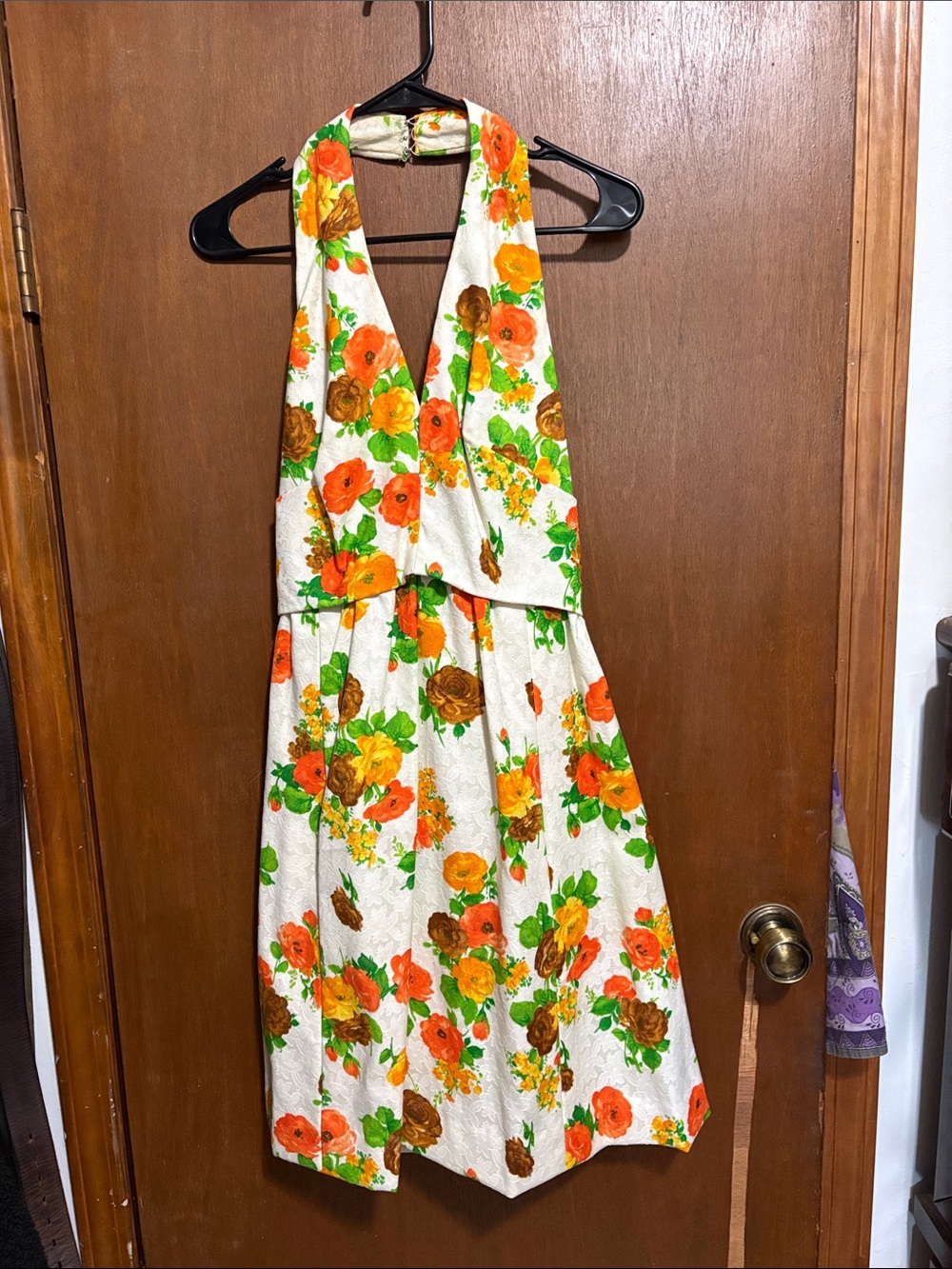 Vintage 60’s-70’s Halter Floral Midi Dress in White with Orange & Green